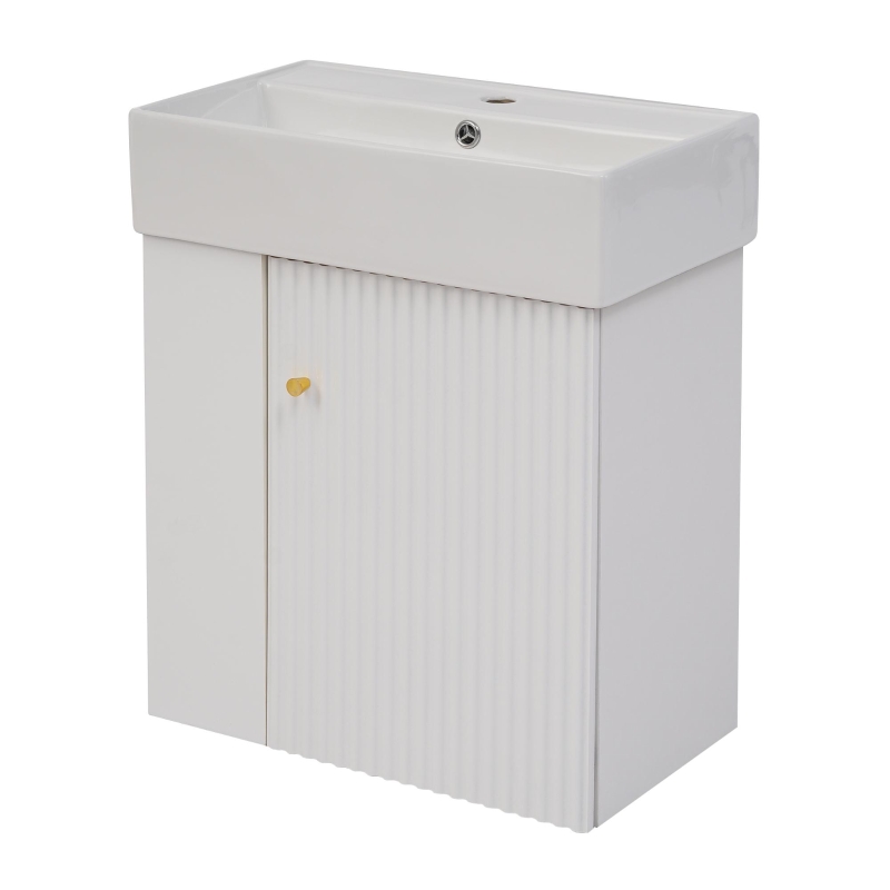 Modern Floating Bathroom Vanity with Ceramic Basin and Side Storage, Cabinet with Rose Gold Handle, 21.5" L x 12" W x 26.5" H, White