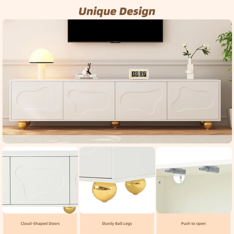 Cloud-Shaped TV Cabinet with 2 Cabinets (4 Doors) and 5 Support Legs, Spacious TV Stand with Ample Storage, 65" L x 15.5" W x 17.5" H, White