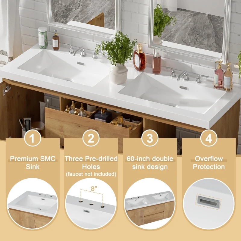 Double Sink Bathroom Vanity with Spacious Under-Sink Storage, Wall-Mounted Floating Cabinet with SMC Top, 59.5'' L x 20'' W x 25.5'' H, Wood