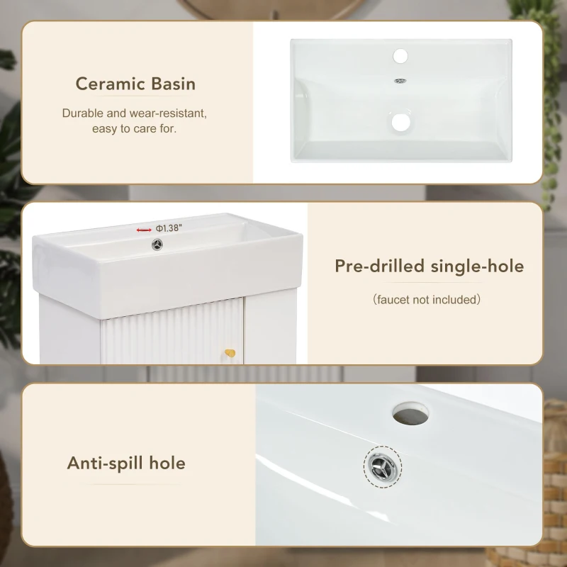 Modern Floating Bathroom Vanity with Ceramic Basin and Right Side Storage, Cabinet with Rose Gold Handle, 21.5" L x 12" W x 26.5" H, White