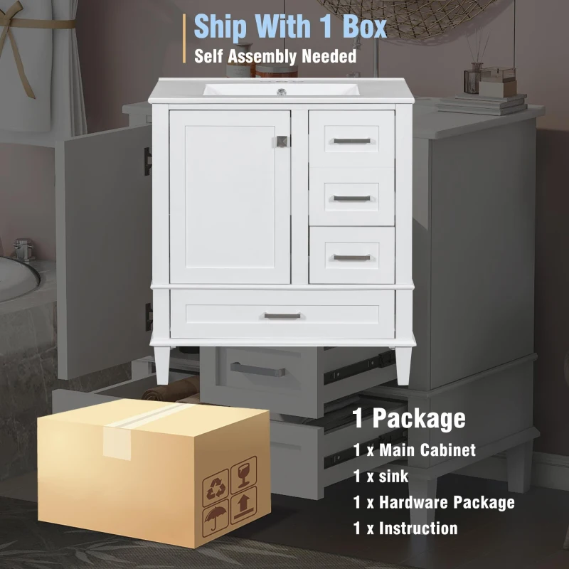 Modern Bathroom Vanity with Sink Combo, Solid Wood Frame, Cabinet with Soft-Close Door and 3 Drawers, 30" L x 18" W x 34" H, White