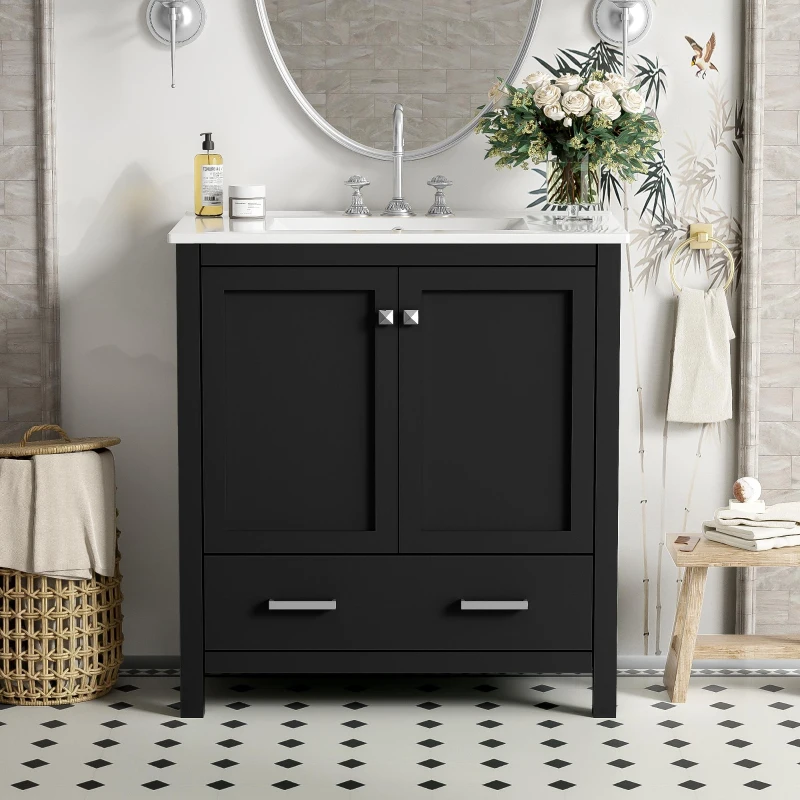 30" Bathroom Vanity with Single Undermount Sink, Cabinet with Soft-Close Doors and Versatile Storage, 30" L x 18.5" W x 34" H, Black+White