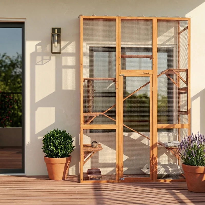PawHut Outdoor Catio Cat Enclosure, Large Wooden Cat House with 6 Jumping Platforms, Scratching Post, 2 Ramps, for 2-3 Kittens
