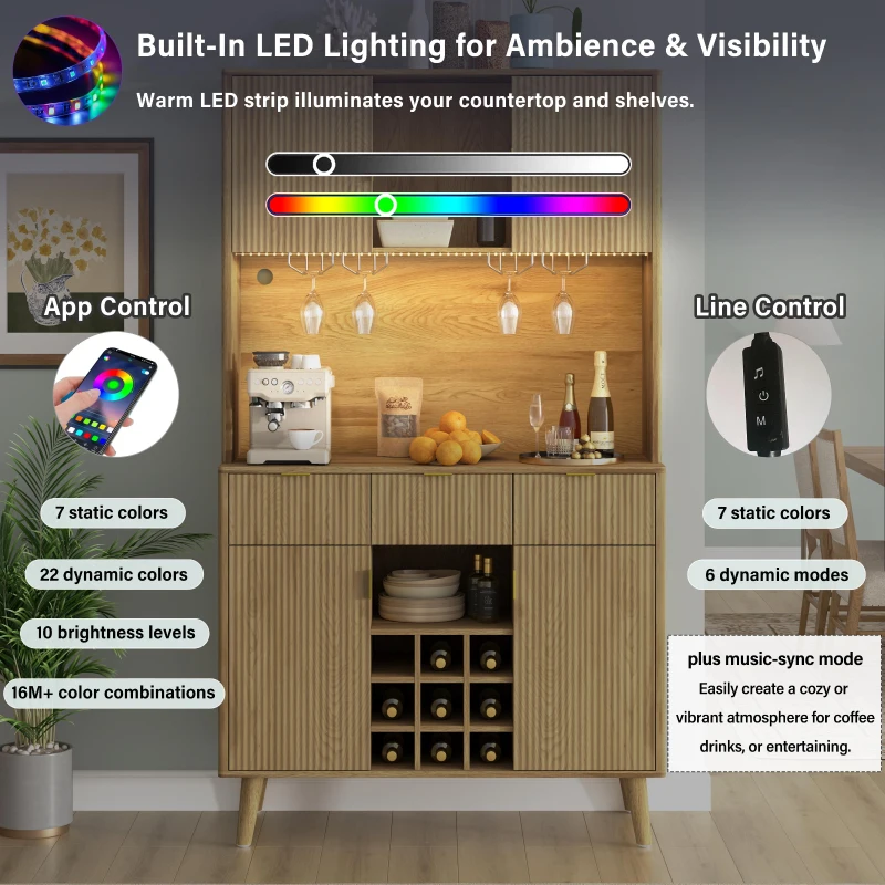 High Bar Cabinet with Smart LED Lighting (App & Music-Sync), Spacious Storage Cabinet with 9-Bottle Wine Rack, 42" L x 12" W x 72" H, Natural