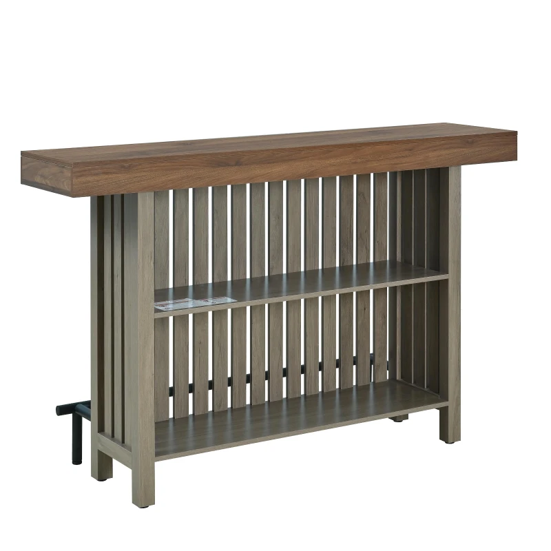 3-In-1 Dining Table with Marble-Grain MDF Top, Space-Saving Bar Table with Metal Footrest, 63" L x 15.5" W x 41" H, Grey