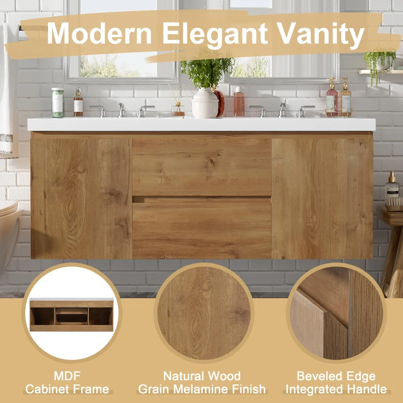 Double Sink Bathroom Vanity with Spacious Under-Sink Storage, Wall-Mounted Floating Cabinet with SMC Top, 59.5'' L x 20'' W x 25.5'' H, Wood