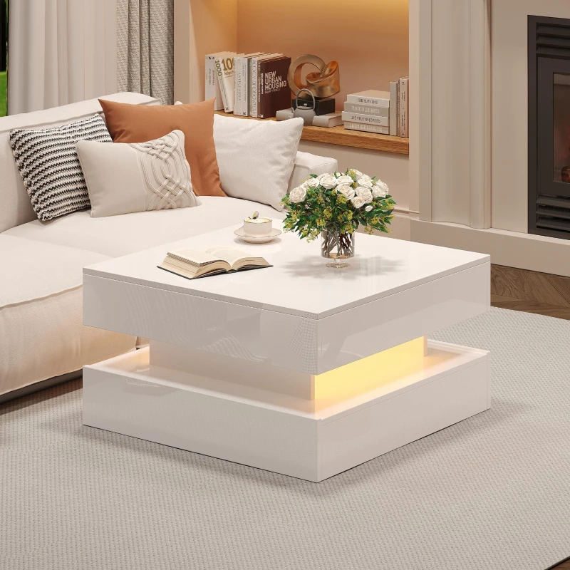 Lift-Top Coffee Table with App-Controlled LED Lighting and Liftable Top, Compact Center Table with 2 Drawers, 25.5" L x 25.5" W x 15" H, White