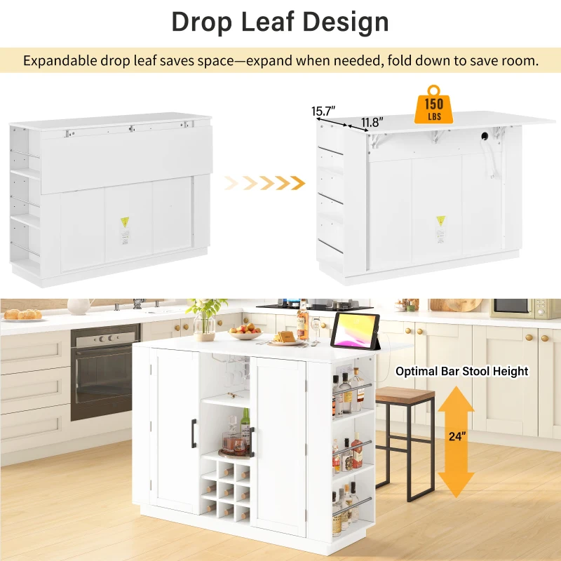 Counter-Height Kitchen Island with Built-In Power Outlet, Versatile Center Island with Wine Stemware Holder, 47" L x 15.5" W x 34.5" H, White