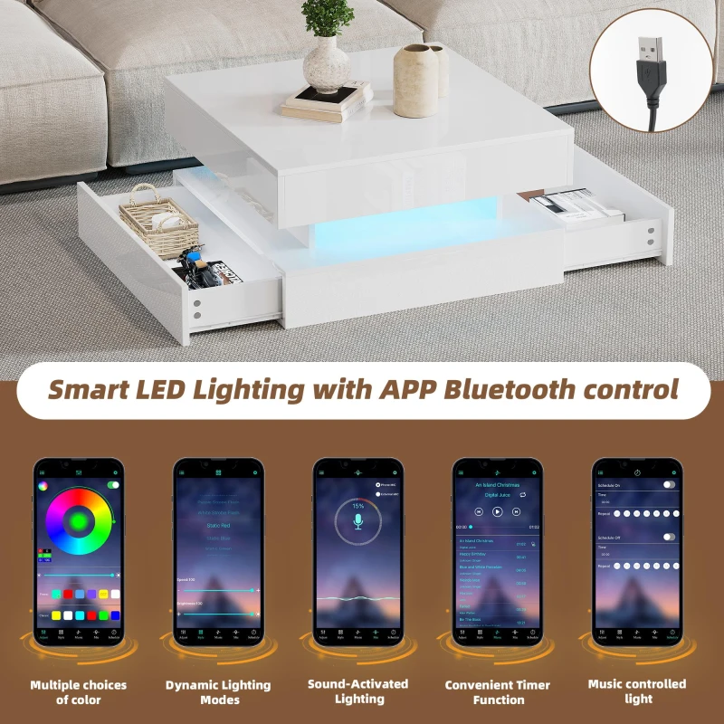 Lift-Top Coffee Table with App-Controlled LED Lighting and Liftable Top, Compact Center Table with 2 Drawers, 25.5" L x 25.5" W x 15" H, White