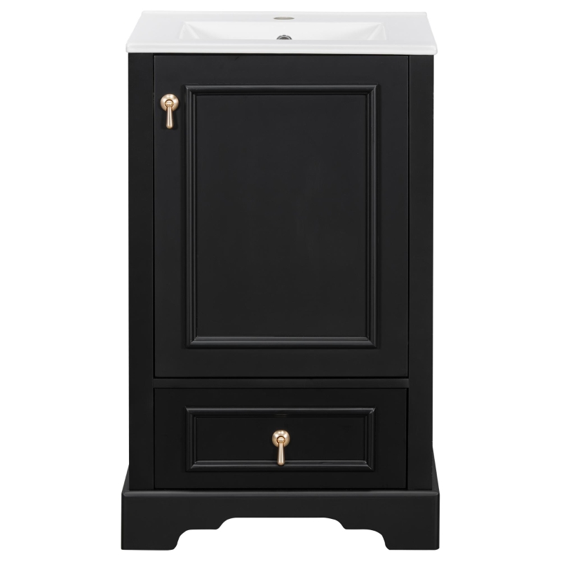 Stylish Bathroom Vanity with Ceramic Sink, Soft-Close Door & Drawer, Space-Saving Cabinet for Compact Washroom, 20'' L x 18.5'' W x 34'' H, Black