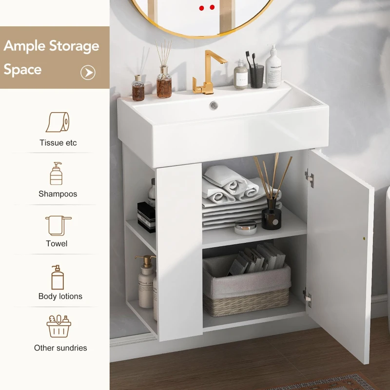 Modern Floating Bathroom Vanity with Ceramic Basin and Side Storage, Cabinet with Rose Gold Handle, 21.5" L x 12" W x 26.5" H, White