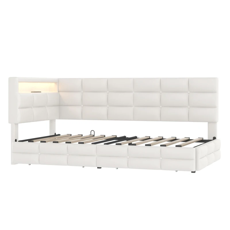 Upholstered Twin-Size Daybed with 2 Drawers and Charging Station, Multi-Functional Guest Bed with Storage Headboard, 77.5'' L x 39'' W x 35'' H, Beige