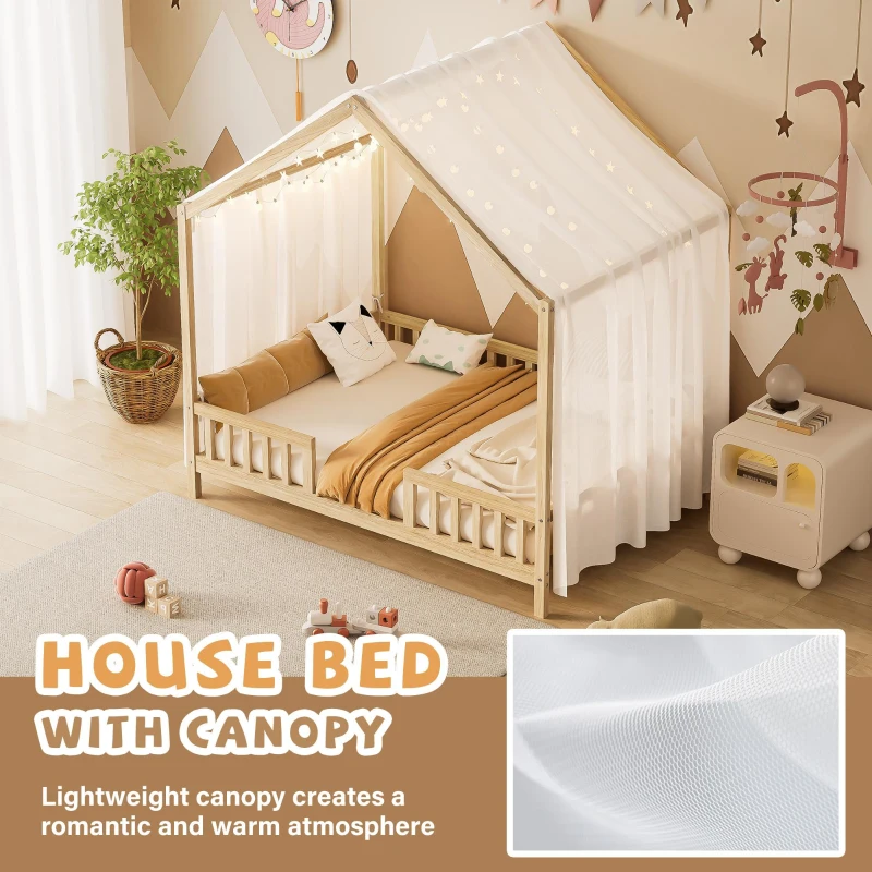 Full-Size Montessori Floor Bed with High Guard Railings, Natural Finish Bed Frame for Kid-Friendly Room, 78.5'' L x 56.5'' W x 78'' H, Natural