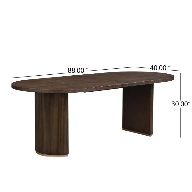 Oval Double Pedestal Dining Table with Semi-Cylindrical Pedestal Bases, Walnut Wood Kitchen Table Vertical Grooves, 88'' L x 40'' W x 30'' H, Walnut