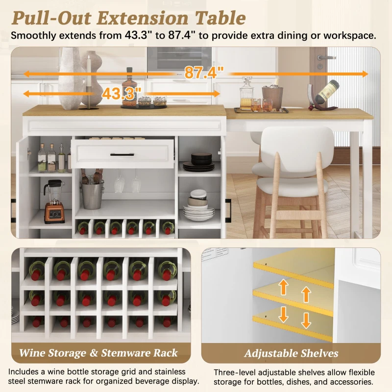 Expandable Bar Table with Adjustable Shelves and Rear Casters, Versatile Kitchen Counter with 2 Doors, 87.5″ L x 19.5″ W x 36″ H, White+Natural