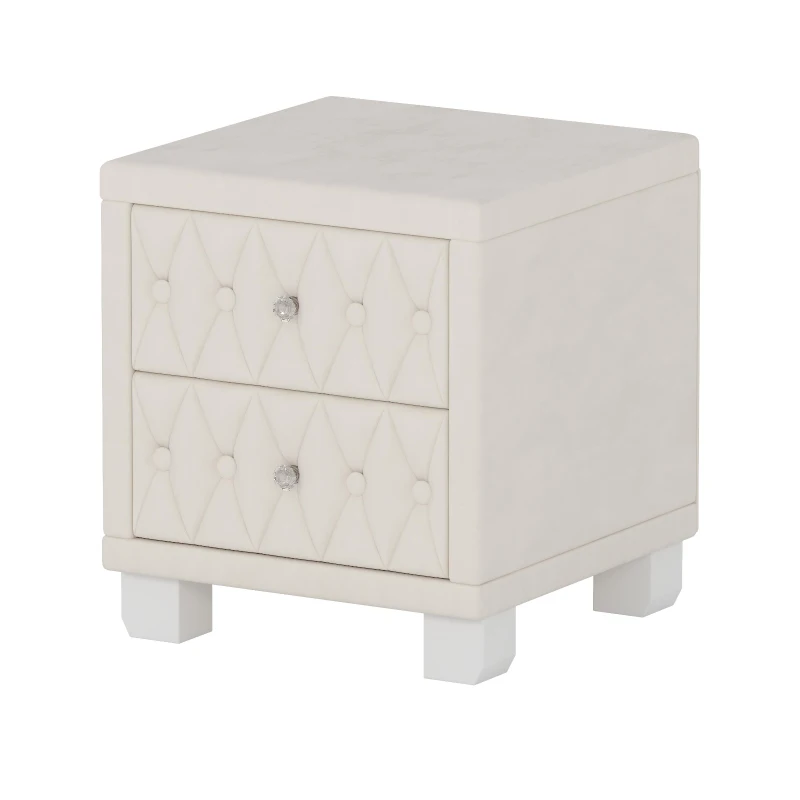 Elegant Velvet Nightstand with Button‑Tufting and Sparkling Crystal Knob, Solid Bedside Table with Generous Storage, 18'' L x 18'' W x 20'' H, Beige