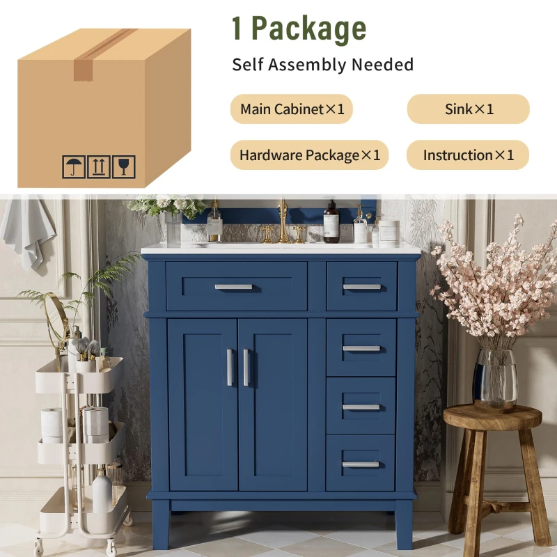 Free-Standing Bathroom Vanity with Ceramic Undermount/Drop-In Sink, Modern Storage Cabinet for Small Condos, 30'' L x 18'' W x 34'' H, Navy Blue