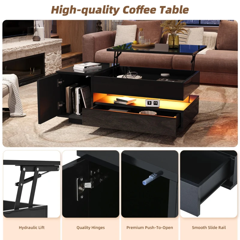 Height-Adjustable Coffee Table with App-Controlled RGB LED Lighting, Modern Center Table with Hidden Storage, 37.5" L x 19.5" W x 15.5" H, Black