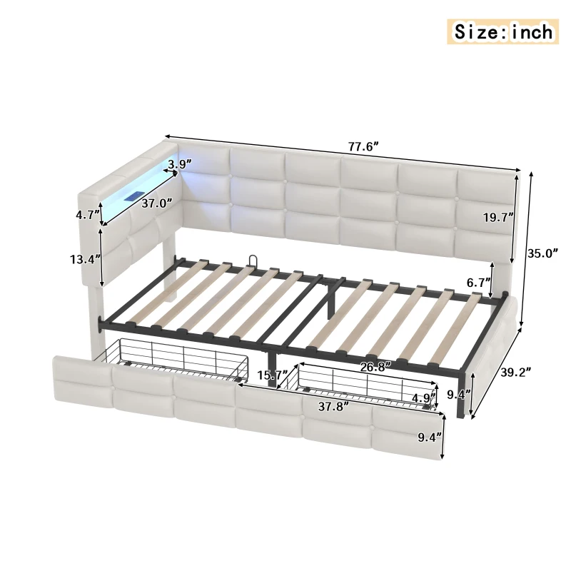 Upholstered Twin-Size Daybed with 2 Drawers and Charging Station, Multi-Functional Guest Bed with Storage Headboard, 77.5'' L x 39'' W x 35'' H, Beige