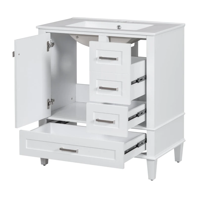 Modern Bathroom Vanity with Sink Combo, Solid Wood Frame, Cabinet with Soft-Close Door and 3 Drawers, 30" L x 18" W x 34" H, White