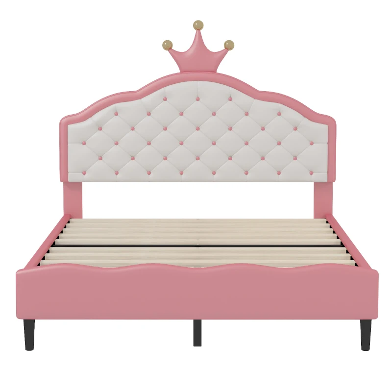Full Size Princess Platform Bed with Crown-Tufted Headboard, Sturdy Bed Frame for Kid-Friendly Bedrooms, 77.5'' L x 56'' W x 48.5'' H, Pink