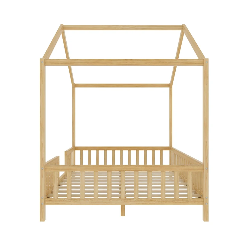 Full-Size Montessori Floor Bed with High Guard Railings, Natural Finish Bed Frame for Kid-Friendly Room, 78.5'' L x 56.5'' W x 78'' H, Natural