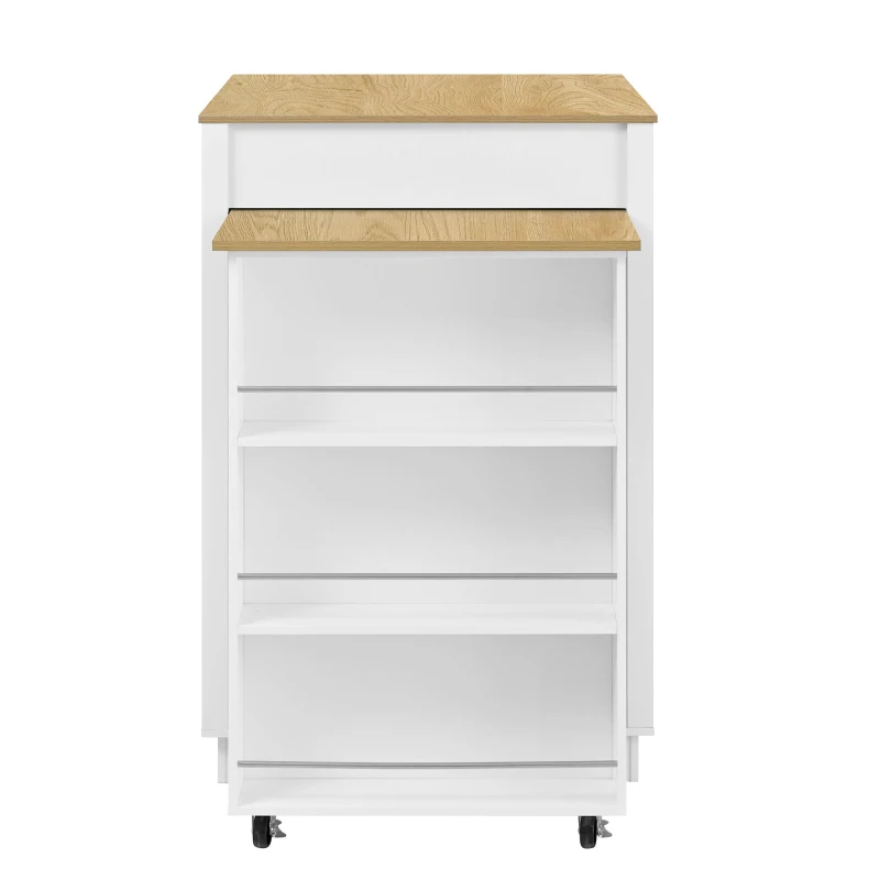 Stylish Mobile Bar Table with Extendable Countertop, Spacious Kitchen Counter with Storage Shelf, 73″ L x 27.5″ W x 41.5″ H, White+Natural
