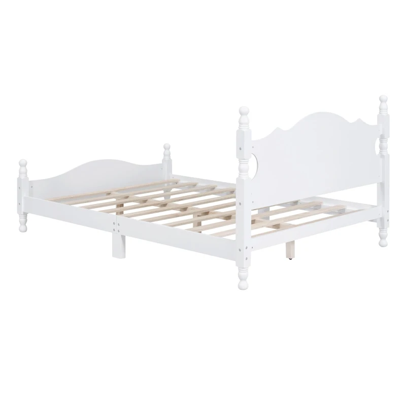 Full Size Platform Bed with 10 Plywood Slats and Wood-Finished Headboard, Retro-Style Bed Frame with Plywood, 80'' L x 56'' W x 39.5'' H, White