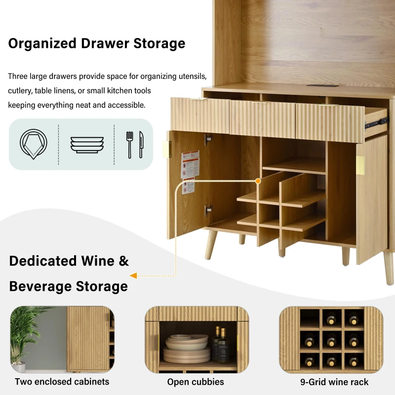 High Bar Cabinet with Smart LED Lighting (App & Music-Sync), Spacious Storage Cabinet with 9-Bottle Wine Rack, 42" L x 12" W x 72" H, Natural