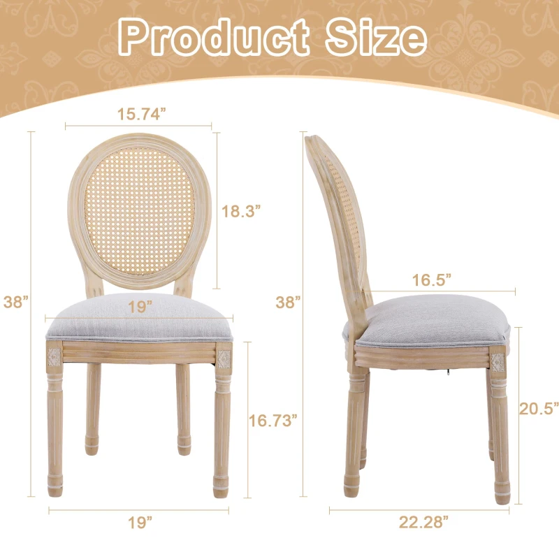 French Country-Inspired Dining Chair Set for 2 with Plush Upholstered Seats, Elegant Side Chair Set with Fluted Legs, 19" L x 22.5" W x 38" H, Light Grey