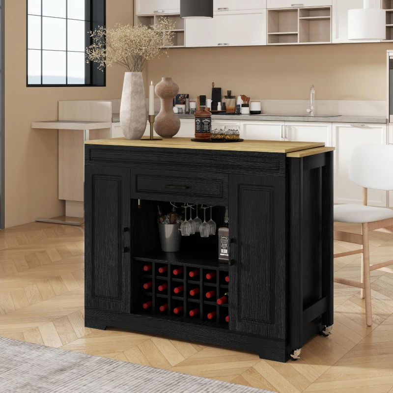 Expandable Bar Table with Adjustable Shelves and Rear Casters, Versatile Kitchen Counter with 2 Doors, 87.5″ L x 19.5″ W x 36″ H, Black+Natural