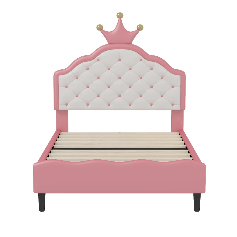Twin Princess Platform Bed with Crown-Shaped Tufted Headboard, Crown Fantasy Bed Frame with Plywood Frame, 77.5'' L x 41'' W x 48.5'' H, Pink