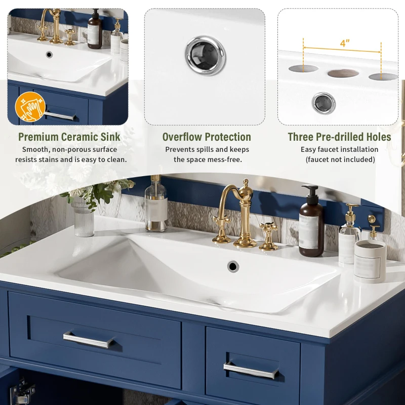 Free-Standing Bathroom Vanity with Ceramic Undermount/Drop-In Sink, Modern Storage Cabinet for Small Condos, 30'' L x 18'' W x 34'' H, Navy Blue