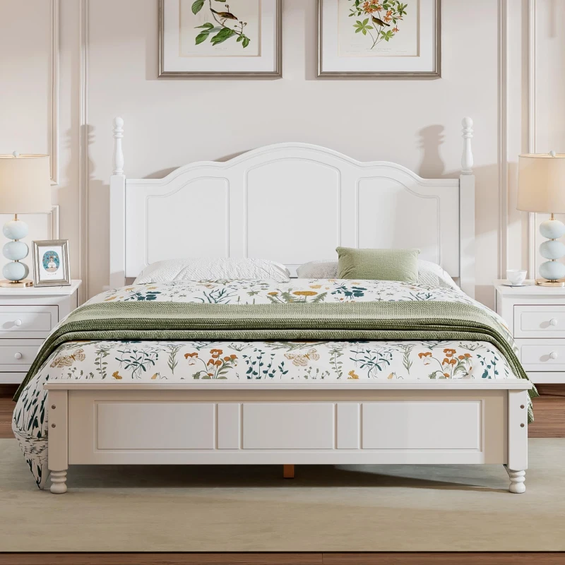 Queen Size Platform Bed with Wooden Slat Support and Solid Pine, Modern Wood Bed Frame with MDF Construction, 85'' L x 62.5'' W x 43.5'' H, White