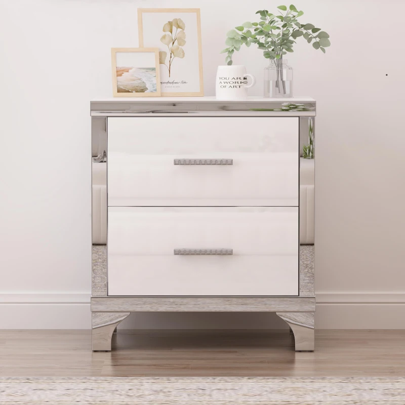 Elegant High-Gloss Nightstand with Metal Handles and Legs, Mirrored Bedside Table for Bedrooms or Apartments, 22.5'' L x 15.5'' W x 23.5'' H, White
