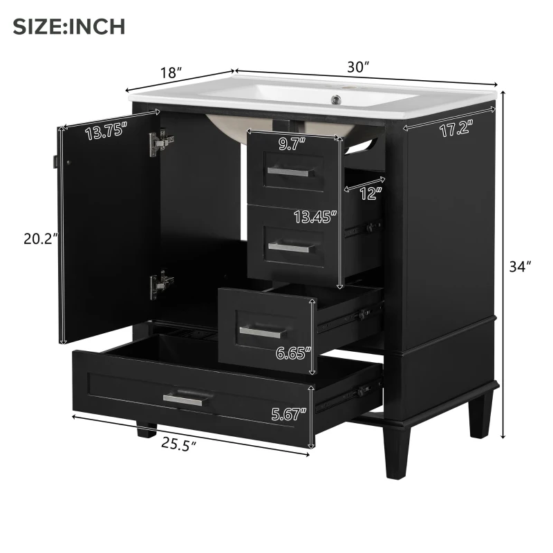 Modern Bathroom Vanity Sink Combo with Solid Wood Frame, Free-Standing Cabinet for Contemporary Bathrooms, 30'' L x 18.5'' W x 34'' H, Black