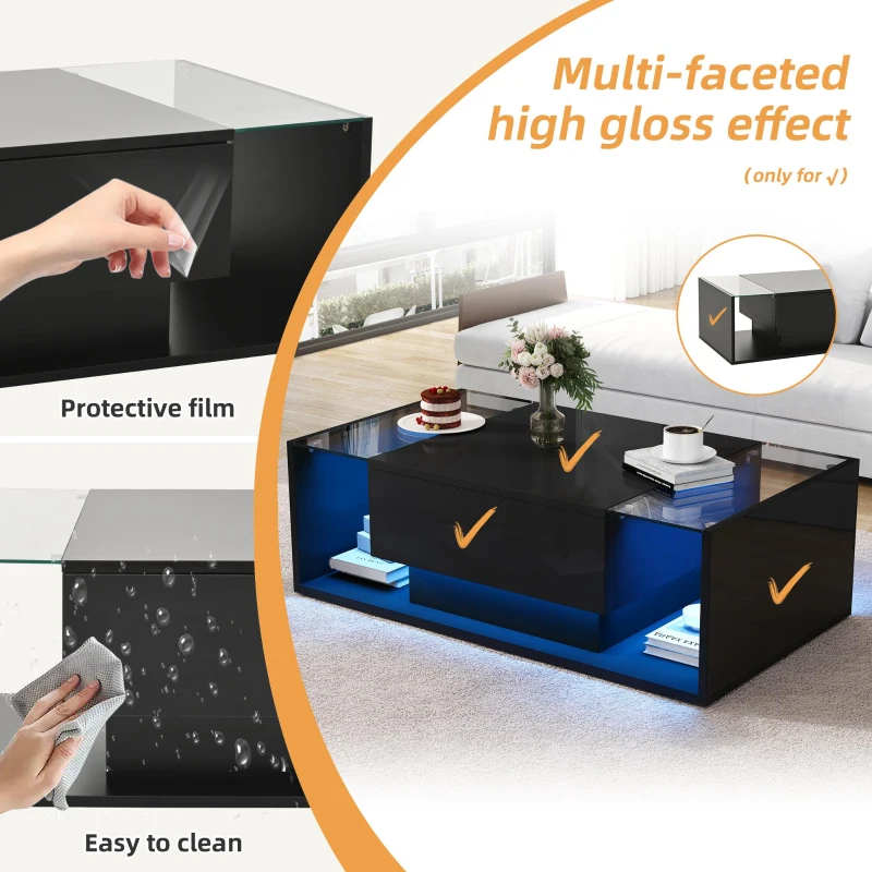 High-Gloss Coffee Table with Tempered Glass Storage, Compact Center Table with Semi-Open Shelf, 39.5″ L x 19.5″ W x 12″ H, Black