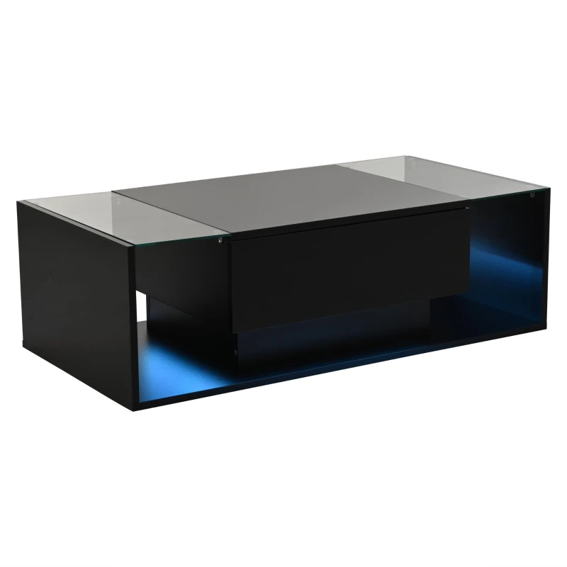High-Gloss Coffee Table with Tempered Glass Storage, Compact Center Table with Semi-Open Shelf, 39.5″ L x 19.5″ W x 12″ H, Black