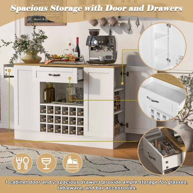 Modern Wine Bar Cabinet with Built-In Power Outlet, Versatile Sideboard with Adjustable Shelves, 47" L x 15.5" W x 34" H, White+Natural