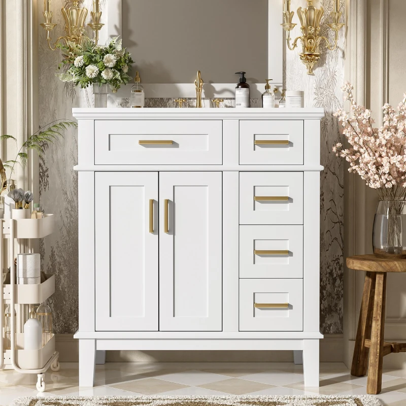 Solid Bathroom Vanity with Ceramic Undermount/Drop-In Sink, Modern Storage Cabinet for Compact Washrooms, 30'' L x 18'' W x 34'' H, White