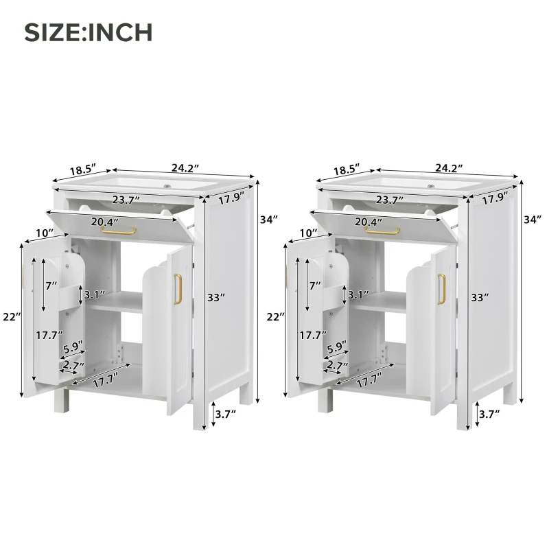 Modern Bathroom Vanity with 4 Doors, 2 Drawers and Adjustable Shelf, Freestanding Cabinet with Ceramic Sink, 48.5'' L x 18.5'' W x 34'' H, White