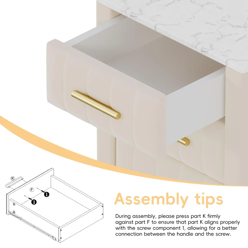 Upholstered Nightstand with 3 Drawers, Marble-Effect Top and Metal Legs, Beige Beside Table with Plywood Frame, 16.5'' L x 16.5'' W x 22'' H, Beige