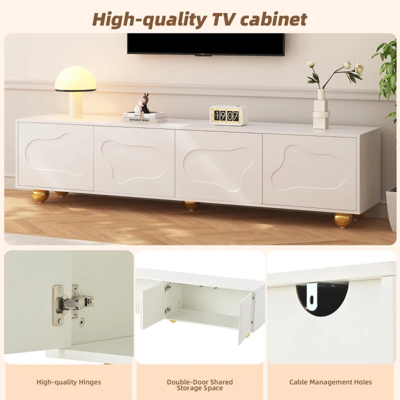 Cloud-Shaped TV Cabinet with 2 Cabinets (4 Doors) and 5 Support Legs, Spacious TV Stand with Ample Storage, 65" L x 15.5" W x 17.5" H, White