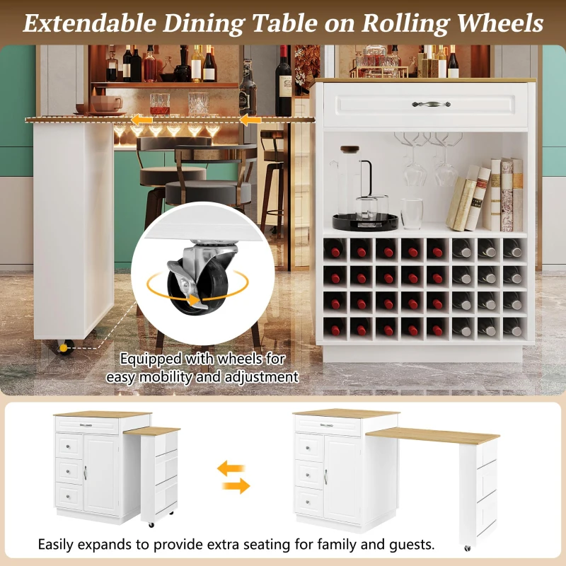 Stylish Mobile Bar Table with Extendable Countertop, Spacious Kitchen Counter with Storage Shelf, 73″ L x 27.5″ W x 41.5″ H, White+Natural