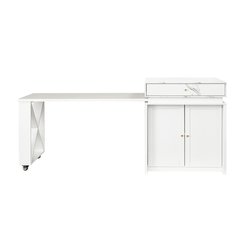Modern Bar Table with 4-in-1 Extendable Pull-Out Table and Lockable Wheels, Kitchen Island with Adjustable Shelf, 82.5" L x 32.5" W x 28" H, White