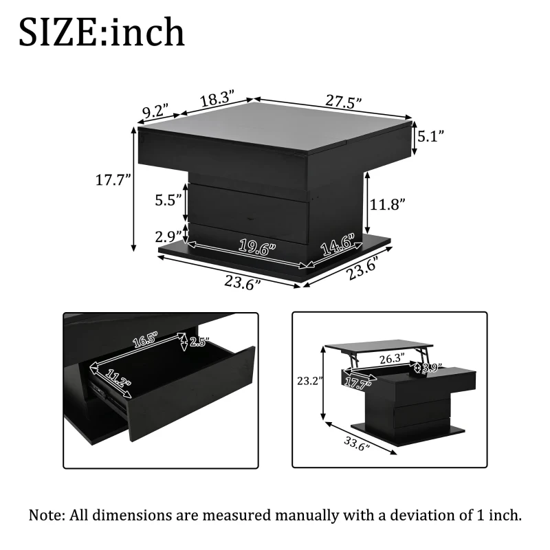 360° Rotating Lift-Top Coffee Table with Height-Adjustable Square Top, Modern Center Table with Hidden Storage, 27.5" L x 27.5" W x 17.5" H, Black