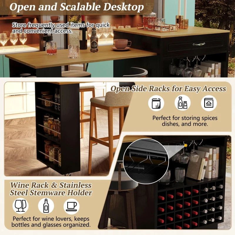 Stylish Mobile Bar Table with Extendable Countertop, Spacious Kitchen Counter with Storage Shelf, 73″ L x 27.5″ W x 41.5″ H, Black+Natural