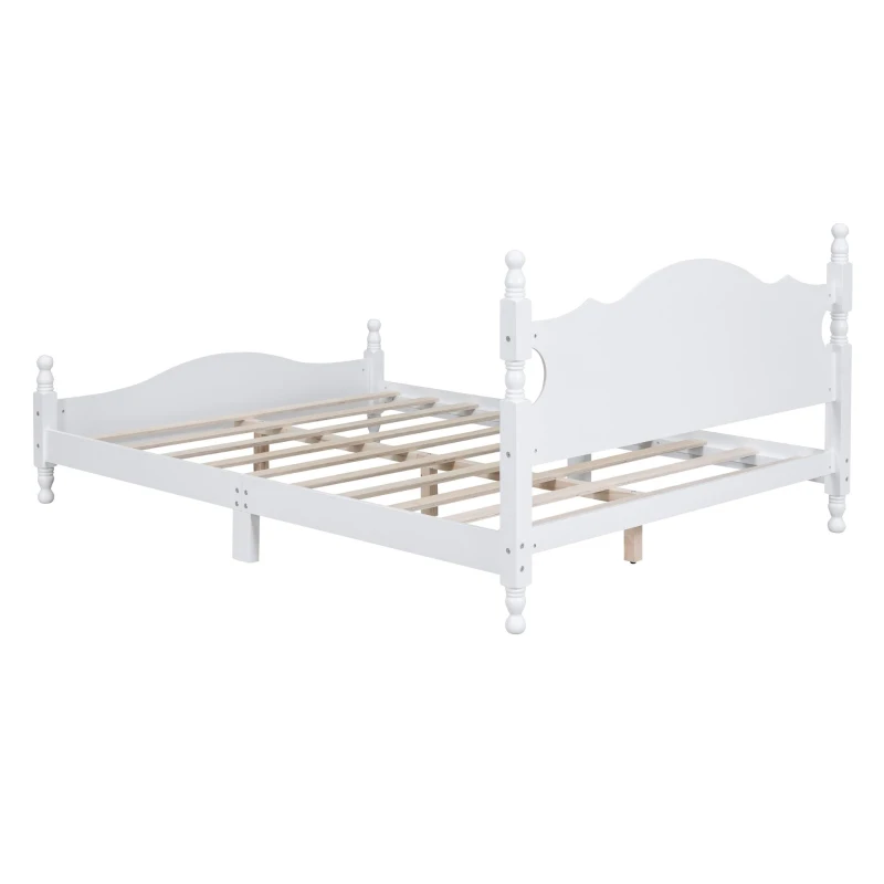 Queen Size Wood Platform Bed with Retro Headboard and 10 Slats, White Wood-Finished Bed Frame with Plywood, 85'' L x 62.5'' W x 39.5'' H, White