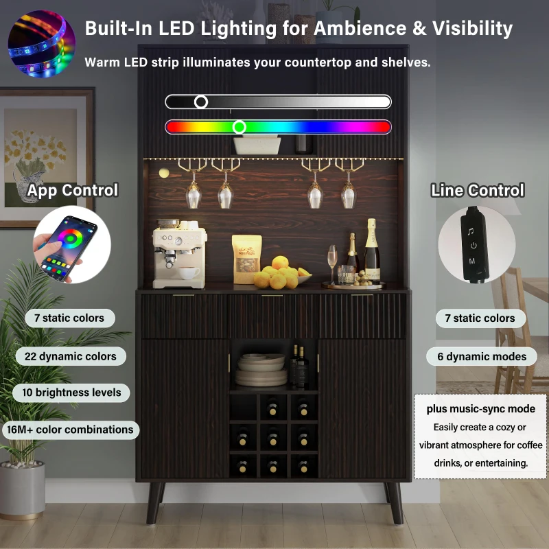 High Bar Cabinet with Smart LED Lighting (App & Music-Sync), Spacious Storage Cabinet with 9-Bottle Wine Rack, 42" L x 12" W x 72" H, Walnut
