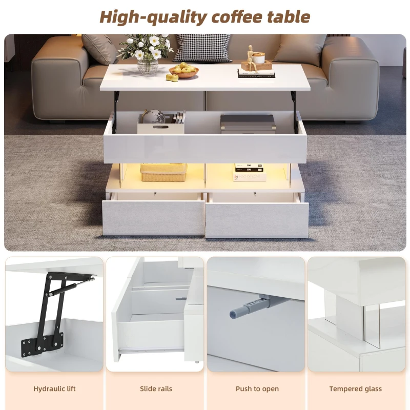 Sleek Lift-Top Coffee Table with LED Ambient Lighting, Modern Center Table with Height-Adjustable, 39.5" L x 19.5" W x 18" H, White